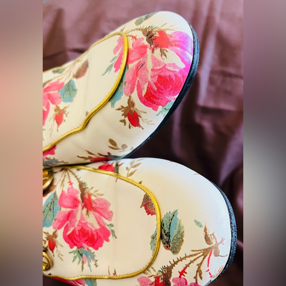 Gucci Floral Leather Horsebit Mules in Cream with Pink & Red Accents - Picture 13 of 13
